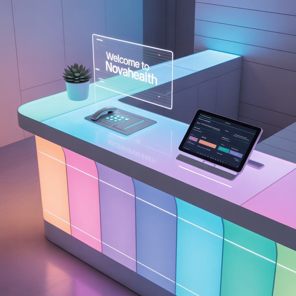 Modern AI-powered reception desk with holographic display and tablet interface